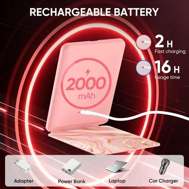 Alt view image 2 of 7 - 2000mAh Rechargeable Travel Makeup Mirror with Light | Portable Makeup Mirror With 3-Color Lighting, Dimmable Touch Screen, Tabletop LED Folding Cosmetic Compact Vanity Mirror