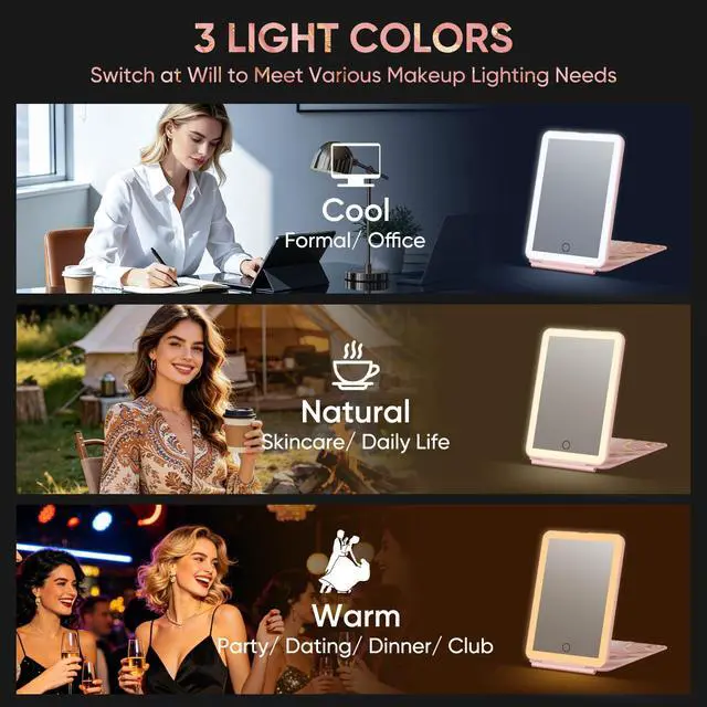 Alt view image 5 of 7 - 2000mAh Rechargeable Travel Makeup Mirror with Light | Portable Makeup Mirror With 3-Color Lighting, Dimmable Touch Screen, Tabletop LED Folding Cosmetic Compact Vanity Mirror