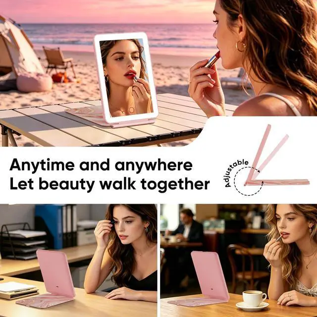 Alt view image 7 of 7 - 2000mAh Rechargeable Travel Makeup Mirror with Light | Portable Makeup Mirror With 3-Color Lighting, Dimmable Touch Screen, Tabletop LED Folding Cosmetic Compact Vanity Mirror