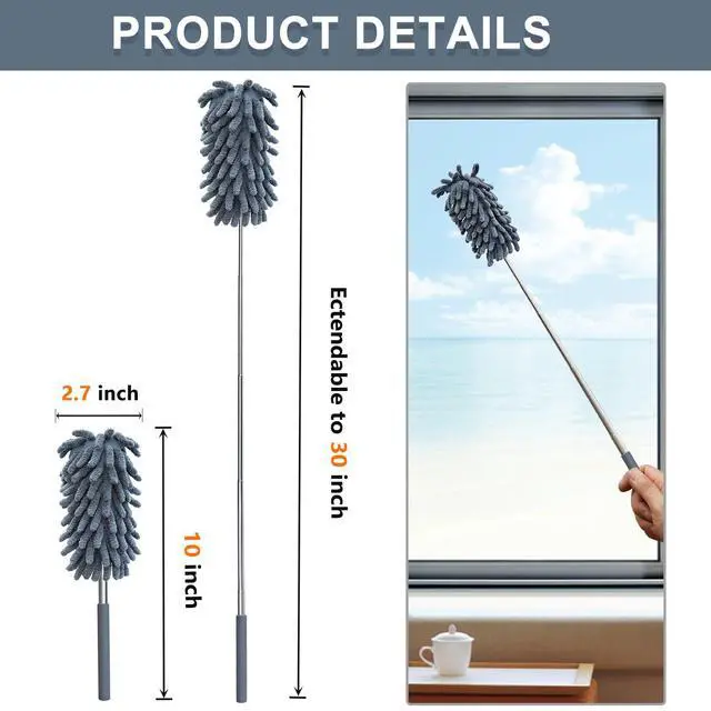 Alt view image 2 of 7 - 2 Pack Microfiber Duster for Cleaning, Washable Dusters, Extendable Pole, Up to 30 Inch Reachable, Wet and Dry Use Cleaning Tools for Car, Ceiling Fan, Window, Furniture, Office