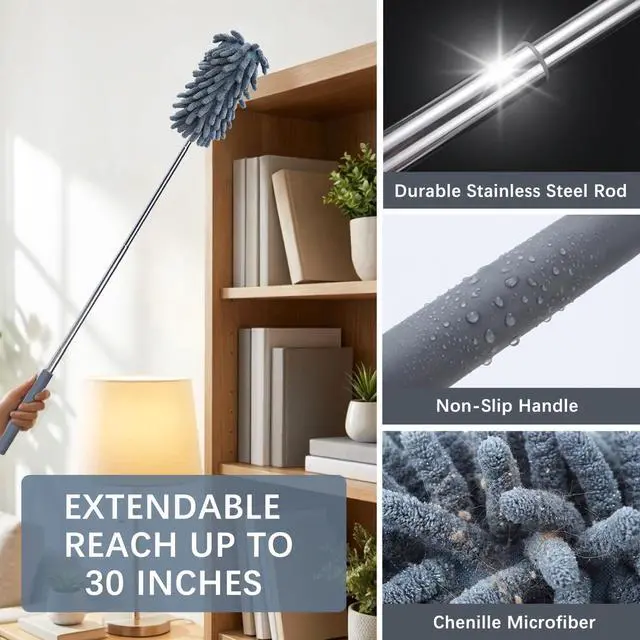 Alt view image 3 of 7 - 2 Pack Microfiber Duster for Cleaning, Washable Dusters, Extendable Pole, Up to 30 Inch Reachable, Wet and Dry Use Cleaning Tools for Car, Ceiling Fan, Window, Furniture, Office