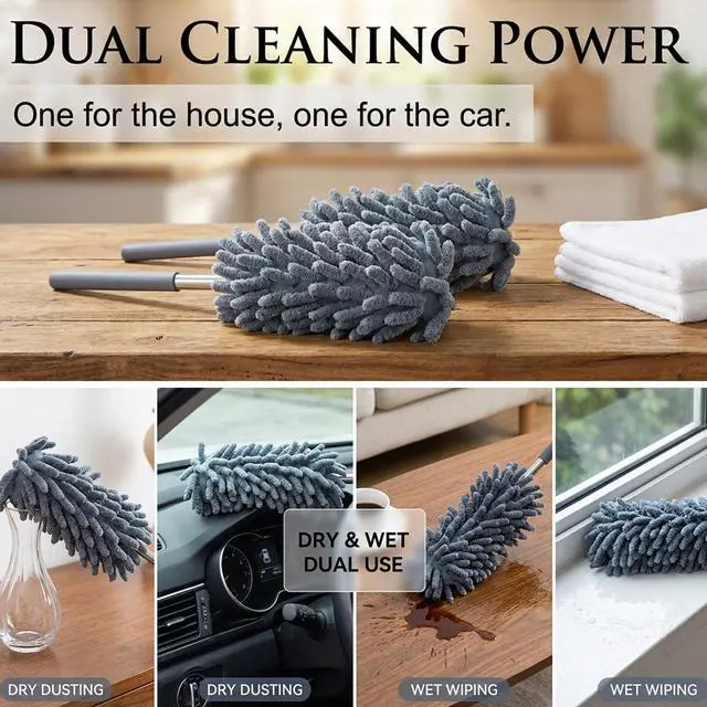Alt view image 6 of 7 - 2 Pack Microfiber Duster for Cleaning, Washable Dusters, Extendable Pole, Up to 30 Inch Reachable, Wet and Dry Use Cleaning Tools for Car, Ceiling Fan, Window, Furniture, Office