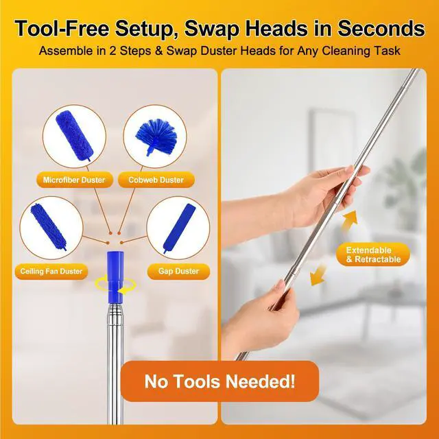 Alt view image 7 of 7 - Dusters for Cleaning,Microfiber Feather Duster 5-in-1 Kit, Duster with Extension Pole 100 Inches, Cobweb Duster, Microfiber Dusters for High Ceilings and Fans, Blinds and Cars