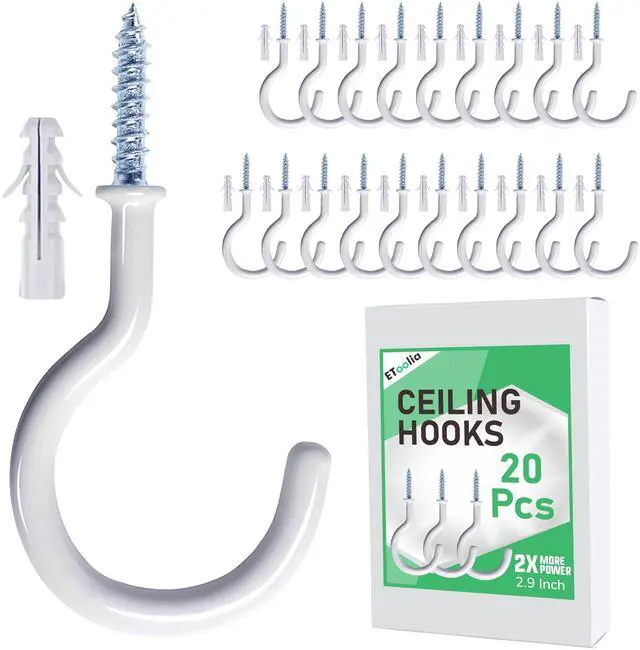 Main image of 20 Pcs Ceiling Hooks for Hanging Plants 2.9" White Vinyl Coated | Heavy Duty, Rust Proof, Hanging Hooks For Christmas Lights, Cups, Decors, Screw in Plant Hanger Hook, Indoor, Outdoor