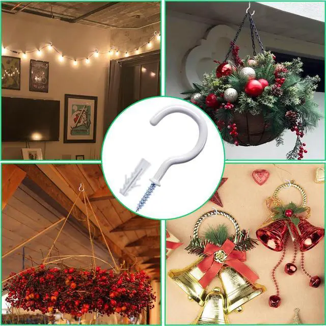 Alt view image 4 of 7 - 20 Pcs Ceiling Hooks for Hanging Plants 2.9" White Vinyl Coated | Heavy Duty, Rust Proof, Hanging Hooks For Christmas Lights, Cups, Decors, Screw in Plant Hanger Hook, Indoor, Outdoor