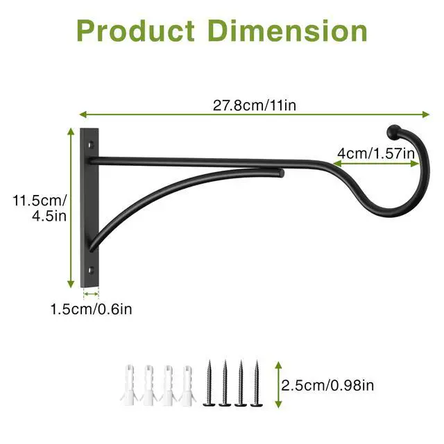 Alt view image 4 of 7 - 11 Inch 2 Pack Heavy-Duty Metal Plant Hanger Hooks, outdoor, Matte black | 30 lb capacity | For bird feeders, flower baskets, wind chimes, lanterns| Black | outdoor | Wall-mounted | Heavy Duty