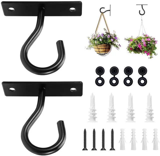 Main image of 2Pack 2.5In Ceiling Hooks for Hanging Plant, Wall Hanger Plant Holder Black | Hang planters, flower baskets, wind chimes, lanterns, lights, bird feeders, metal hook for indoor & outdoor porch