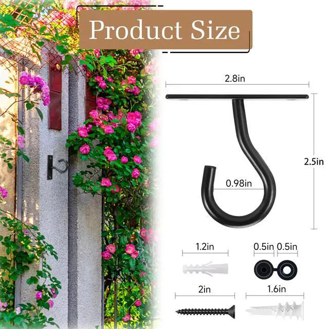 Alt view image 2 of 7 - 2Pack 2.5In Ceiling Hooks for Hanging Plant, Wall Hanger Plant Holder Black | Hang planters, flower baskets, wind chimes, lanterns, lights, bird feeders, metal hook for indoor & outdoor porch