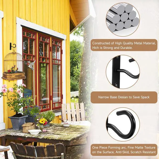 Alt view image 3 of 7 - 2Pack 2.5In Ceiling Hooks for Hanging Plant, Wall Hanger Plant Holder Black | Hang planters, flower baskets, wind chimes, lanterns, lights, bird feeders, metal hook for indoor & outdoor porch
