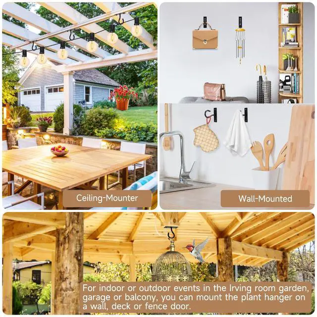 Alt view image 4 of 7 - 2Pack 2.5In Ceiling Hooks for Hanging Plant, Wall Hanger Plant Holder Black | Hang planters, flower baskets, wind chimes, lanterns, lights, bird feeders, metal hook for indoor & outdoor porch