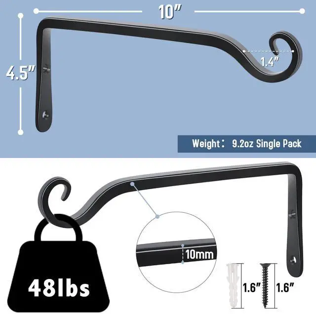 Alt view image 2 of 7 - Wall Hooks for Hanging Plants 10 Inch - 2 Pack Heavy Duty Metal Plant Brackets, Holds 48 lbs, Rust Resistant Black L-Shape Hooks for Indoor Outdoor Decor