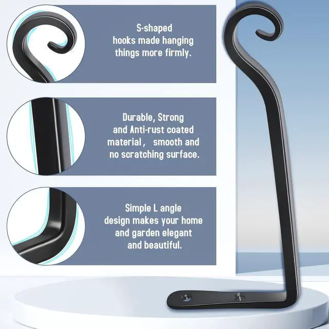 Alt view image 3 of 7 - Wall Hooks for Hanging Plants 10 Inch - 2 Pack Heavy Duty Metal Plant Brackets, Holds 48 lbs, Rust Resistant Black L-Shape Hooks for Indoor Outdoor Decor