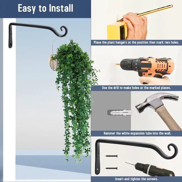 Alt view image 6 of 7 - Wall Hooks for Hanging Plants 10 Inch - 2 Pack Heavy Duty Metal Plant Brackets, Holds 48 lbs, Rust Resistant Black L-Shape Hooks for Indoor Outdoor Decor