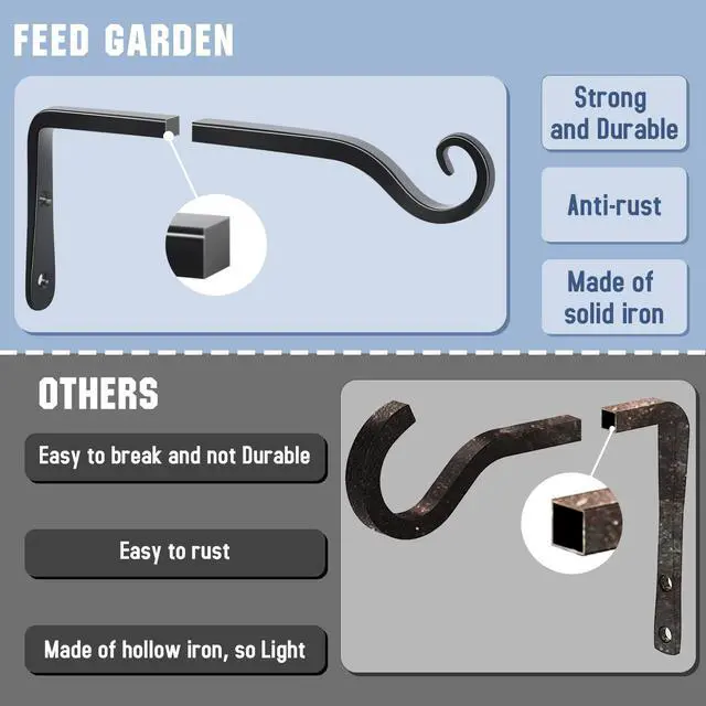 Alt view image 4 of 7 - Wall Hooks for Hanging Plants 10 Inch - 2 Pack Heavy Duty Metal Plant Brackets, Holds 48 lbs, Rust Resistant Black L-Shape Hooks for Indoor Outdoor Decor