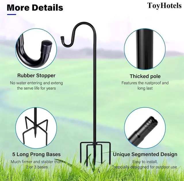 Alt view image 2 of 7 - Shepherd Hooks for Outdoor, 1 Pack 62 Inch Bird Feeder Pole with 5 Prongs Base for Hanging Lantern, Hummingbird Feeder, Lightweight Plant, Shepherds Hook for Bird Feeders for Outside