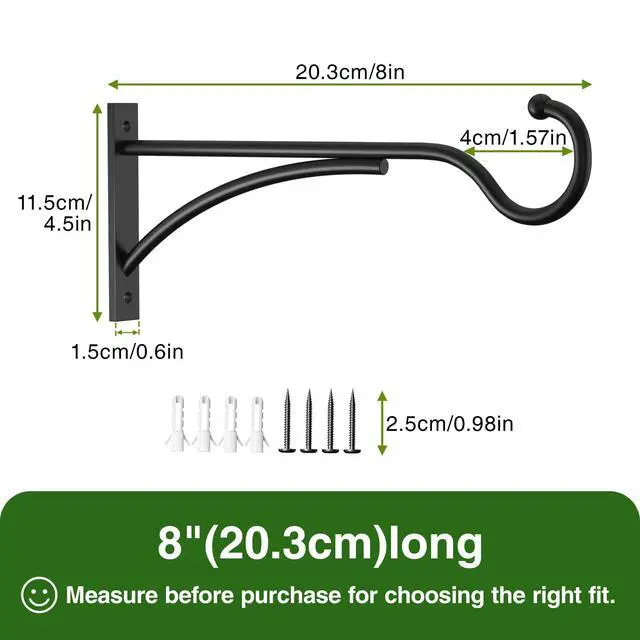Alt view image 3 of 7 - 8 Inch 2 Pack Heavy-Duty Metal Plant Hanger Hooks, outdoor, Matte black | 30 lb capacity | For bird feeders, flower baskets, wind chimes, lanterns| Black | outdoor | Wall-mounted | Heavy Duty