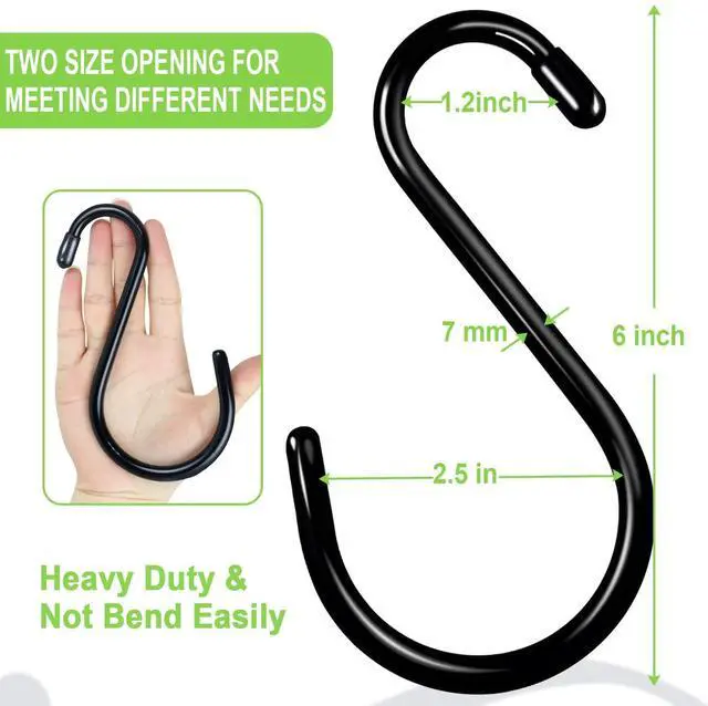 Alt view image 2 of 7 - 6 Inch Heavy Duty S Hooks, Large S Hook for Hanging Plants, Vinyl Coated S Hook 6 Pack Sturdy Non Slip Black S Hooks for Hanging Closet,Bird Feeders,Kitchen,Large Object,Garden Tools