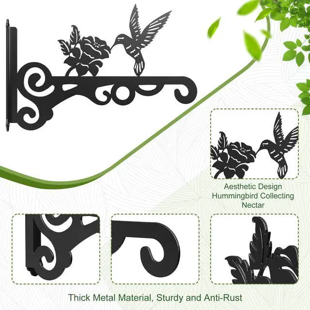 Alt view image 5 of 7 - 2-Pack Aesthetic Wall Plant Hanger Indoor and Outdoor 10 Inch Metal Hanging Plant Bracket with Beautiful Bird Pattern Anti Rust Plant Hooks for Hanging Plants, Bird Feeder, Wind Chime, Lantern