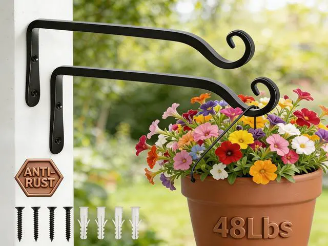 Main image of 10" Heavy Duty Outdoor Plant Hanger Wall Bracket, 2 Pack | 48lb Capacity,Rust-Resistant Finish,Easy Installation,Fit Hanging Baskets,Ideal for Bird Feeders & Lanterns