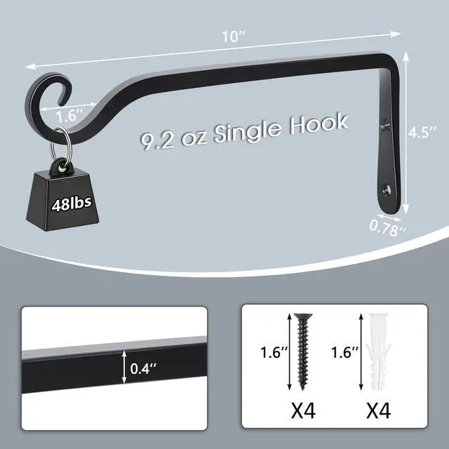 Alt view image 2 of 7 - 10" Heavy Duty Outdoor Plant Hanger Wall Bracket, 2 Pack | 48lb Capacity,Rust-Resistant Finish,Easy Installation,Fit Hanging Baskets,Ideal for Bird Feeders & Lanterns