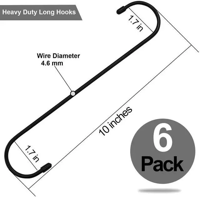 Alt view image 2 of 6 - 6 Pack 10 inch Extra Large S Hooks Black Heavy Duty Long S Hooks for Hanging Plant Extension Hooks for Kitchenware,Utensils,Pergola,Closet,Flower Basket,Garden,Patio,Indoor Outdoor Uses