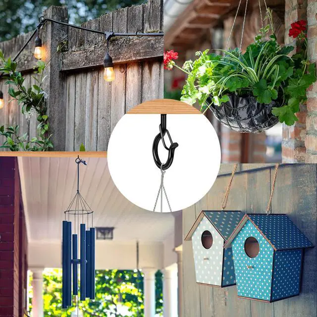 Alt view image 4 of 7 - 36 PCS Q-Hanger Hooks with Safety Buckle, Windproof Screw Hooks | for Outdoor String Lights Hanging Christmas Patio Lights, Plants, Cup Eye Hooks Mount on Wall Ceiling Wood Fence Deck, Black