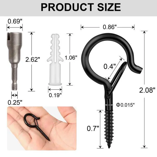 Alt view image 5 of 7 - 36 PCS Q-Hanger Hooks with Safety Buckle, Windproof Screw Hooks | for Outdoor String Lights Hanging Christmas Patio Lights, Plants, Cup Eye Hooks Mount on Wall Ceiling Wood Fence Deck, Black