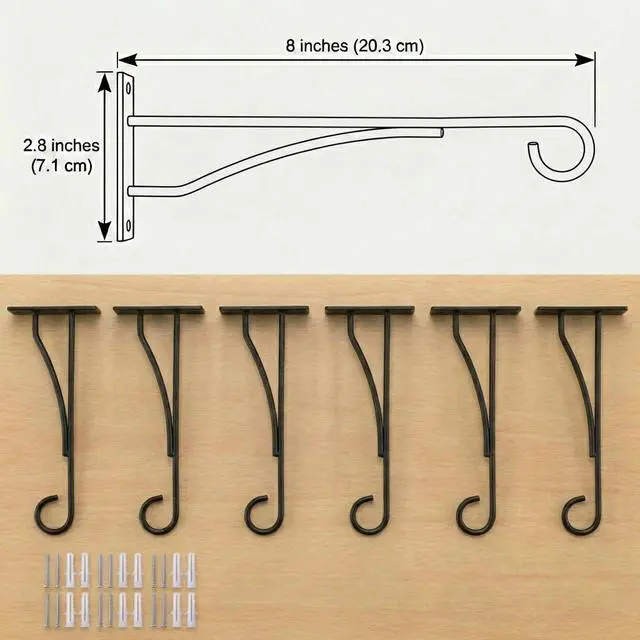 Alt view image 4 of 7 - 8" Plant Hangers Hanging Hooks Minimalist 6 Pack, Black | Plant Bracket for Wall Fence Porch Outdoor Indoor, Metal Hooks for Basket, Flower, Planter, Feeder, Lantern, Wind Chime