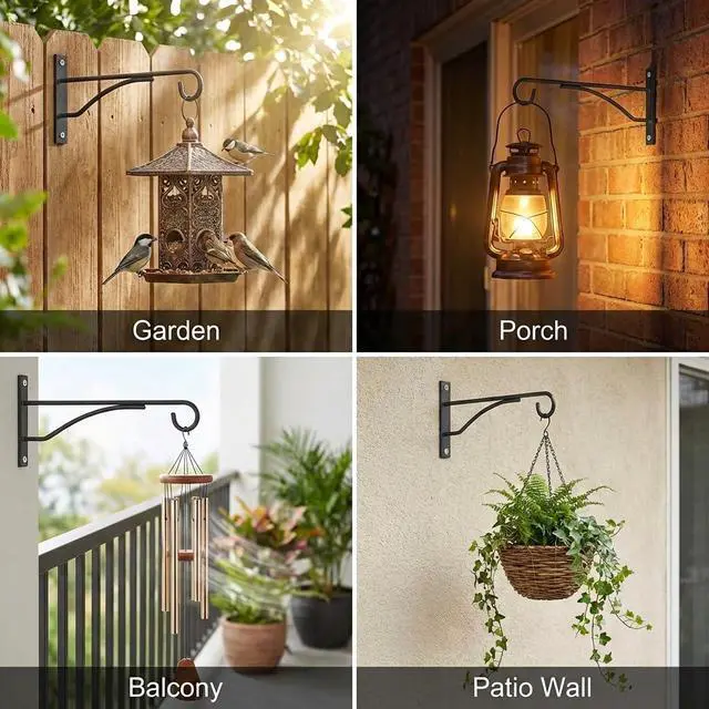 Alt view image 3 of 7 - 8" Plant Hangers Hanging Hooks Minimalist 6 Pack, Black | Plant Bracket for Wall Fence Porch Outdoor Indoor, Metal Hooks for Basket, Flower, Planter, Feeder, Lantern, Wind Chime