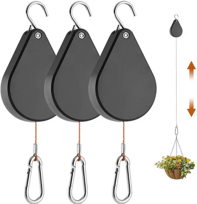 Main image of Upgraded Retractable Plant Hanger,Plant Pulleys for Hanging Plants,Easy to Raise and Lower,Auto Lock,Heavy Duty, Adjustable Hook for Garden Baskets Pots,Birds Feeder,(3Pcs,Black)