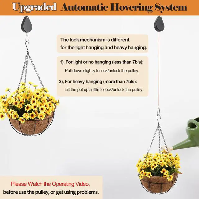 Alt view image 2 of 6 - Upgraded Retractable Plant Hanger,Plant Pulleys for Hanging Plants,Easy to Raise and Lower,Auto Lock,Heavy Duty, Adjustable Hook for Garden Baskets Pots,Birds Feeder,(3Pcs,Black)