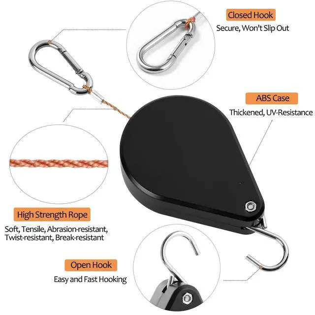 Alt view image 4 of 6 - Upgraded Retractable Plant Hanger,Plant Pulleys for Hanging Plants,Easy to Raise and Lower,Auto Lock,Heavy Duty, Adjustable Hook for Garden Baskets Pots,Birds Feeder,(3Pcs,Black)