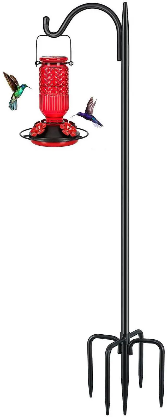 Main image of Adjustable Outdoor Shepherd Hook Bird Feeder Pole with 5 Prongs Base, 60 Inch Tall 5/8 Inch Thick, Heavy Duty Shepard Hook Stand for Hanging Bird Feeders, Plant Baskets, Black (1 Pack)