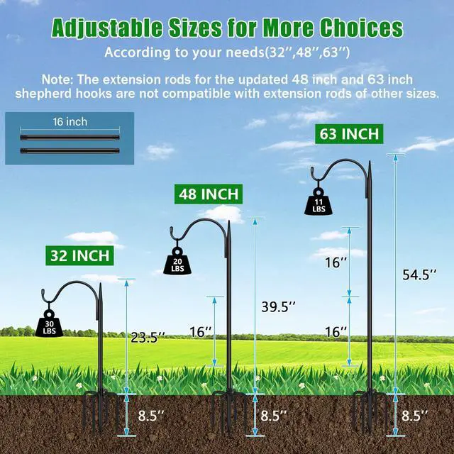Alt view image 2 of 6 - Adjustable Outdoor Shepherd Hook Bird Feeder Pole with 5 Prongs Base, 60 Inch Tall 5/8 Inch Thick, Heavy Duty Shepard Hook Stand for Hanging Bird Feeders, Plant Baskets, Black (1 Pack)