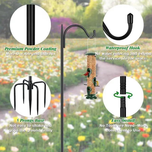 Alt view image 3 of 6 - Adjustable Outdoor Shepherd Hook Bird Feeder Pole with 5 Prongs Base, 60 Inch Tall 5/8 Inch Thick, Heavy Duty Shepard Hook Stand for Hanging Bird Feeders, Plant Baskets, Black (1 Pack)