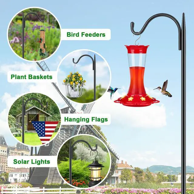 Alt view image 4 of 6 - Adjustable Outdoor Shepherd Hook Bird Feeder Pole with 5 Prongs Base, 60 Inch Tall 5/8 Inch Thick, Heavy Duty Shepard Hook Stand for Hanging Bird Feeders, Plant Baskets, Black (1 Pack)