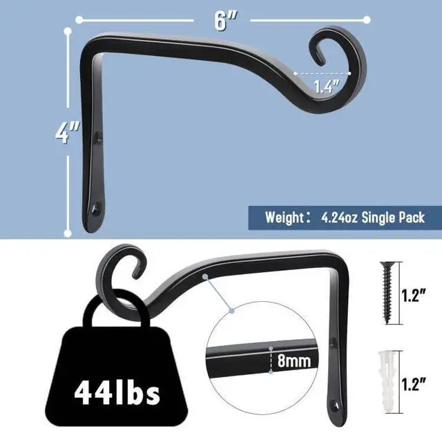 Alt view image 2 of 7 - Heavy Duty Plant Hooks - 2 Pack 6 Inch Wall Mounted Hanging Brackets, 44lb Capacity Steel Plant Hangers for Bird Feeders, Baskets, Wind Chimes - Black