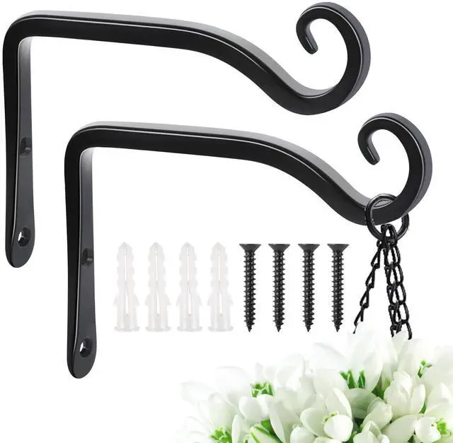 Main image of Heavy Duty Plant Hooks - 2 Pack 6 Inch Wall Mounted Hanging Brackets, 44lb Capacity Steel Plant Hangers for Bird Feeders, Baskets, Wind Chimes - Black