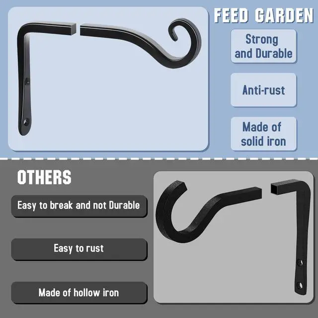 Alt view image 4 of 7 - Heavy Duty Plant Hooks - 2 Pack 6 Inch Wall Mounted Hanging Brackets, 44lb Capacity Steel Plant Hangers for Bird Feeders, Baskets, Wind Chimes - Black