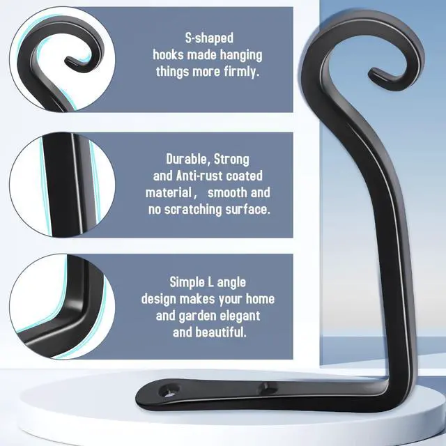 Alt view image 3 of 7 - Heavy Duty Plant Hooks - 2 Pack 6 Inch Wall Mounted Hanging Brackets, 44lb Capacity Steel Plant Hangers for Bird Feeders, Baskets, Wind Chimes - Black