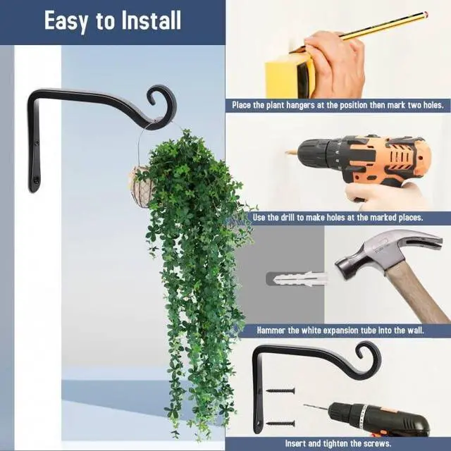 Alt view image 6 of 7 - Heavy Duty Plant Hooks - 2 Pack 6 Inch Wall Mounted Hanging Brackets, 44lb Capacity Steel Plant Hangers for Bird Feeders, Baskets, Wind Chimes - Black