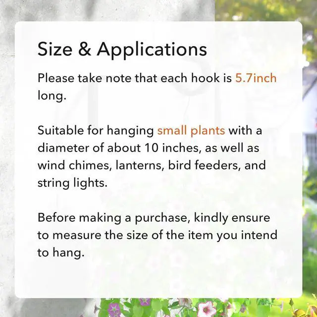 Alt view image 5 of 7 - Plant Hooks for Wall,Plant Hangers Outdoor/Indoor,Hold 35lb, 5.7Inch,2 Pack | Metal,Heavy Duty Plant Bracket for Hanging Baskets,Wind Chime,Bird Feeder,Lantern,Wall Mount Plant Holder