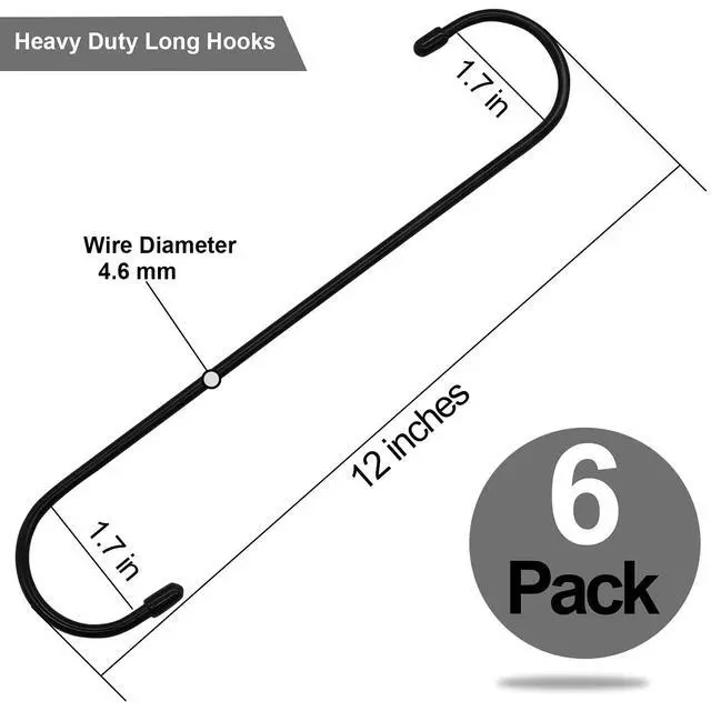 Alt view image 2 of 6 - 6 Pack 12 inch Extra Large S Hooks Black Heavy Duty Long S Hooks for Hanging Plant Extension Hooks for Kitchenware,Utensils,Pergola,Closet,Flower Basket,Garden,Patio,Indoor Outdoor Uses
