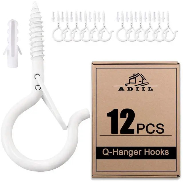 Main image of Q Hanger Ceiling Screw Hooks for Hanging Outdoor String Light, Plants | 2.2 Inches Windproof Cup Eye Hooks with Safety Buckle for Hanging Basket Patio Christmas Lights, White, 12 PCS