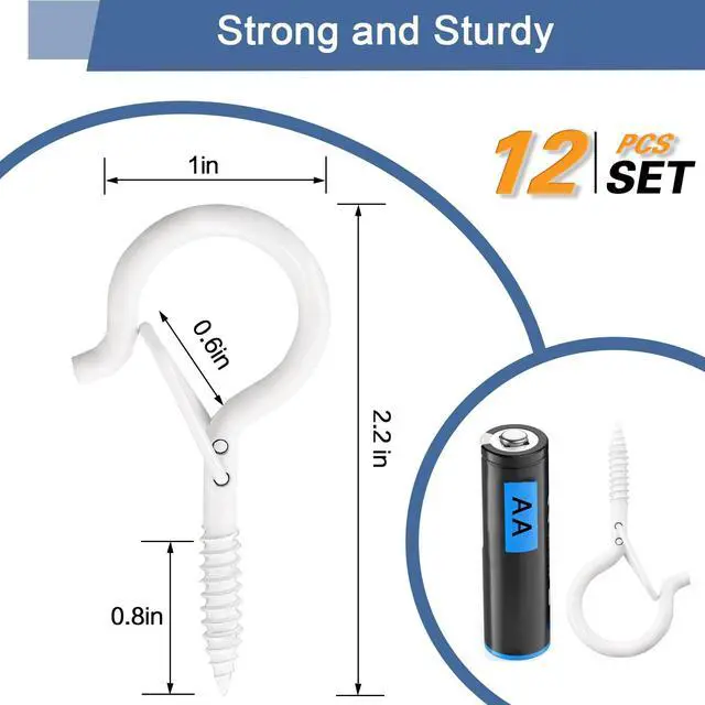 Alt view image 6 of 7 - Q Hanger Ceiling Screw Hooks for Hanging Outdoor String Light, Plants | 2.2 Inches Windproof Cup Eye Hooks with Safety Buckle for Hanging Basket Patio Christmas Lights, White, 12 PCS