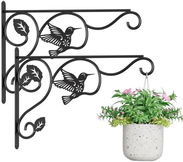 Main image of 2 Pack Heavy Duty Plant Hooks for Hanging - 12 Inch Metal Wall Hangers Indoor/Outdoor, Sturdy Plant Bracket for Bird Feeders, Planters, Lanterns, Wind Chimes - Patio, Garden, Home Decor (Black)