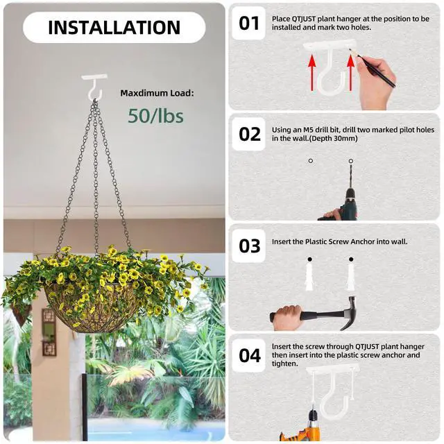 Alt view image 7 of 7 - 6In Metal Plant Wall Hooks 2Pack Indoor Outdoor Hanging Brackets White | Decorative heavy duty metal hangers,for flower baskets, lanterns,bird feeders and wind chimes,home decor indoor and outdoor