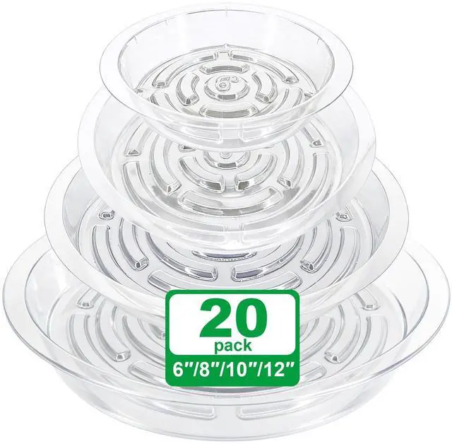 Main image of 20 Pack Clear Plant Saucers (6/8/10/12 in) Indoor/Outdoor | Plant Saucer, Plant Trays, Plant Drip Trays, Plant Water Catcher Tray, Plastic Trays for Plants, Flower Pot Saucers.