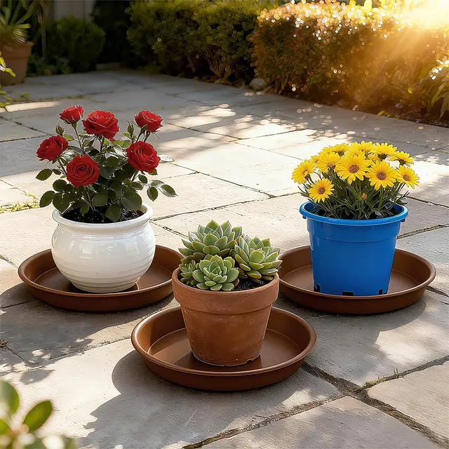 Alt view image 3 of 7 - Plant Saucer 10 inch, Heavy Large Planter Durable Thicker Plastic Plant Trays for Indoors and Outdoor, Plant Saucer Drip Trays,Brown(10" - 3 Pack)