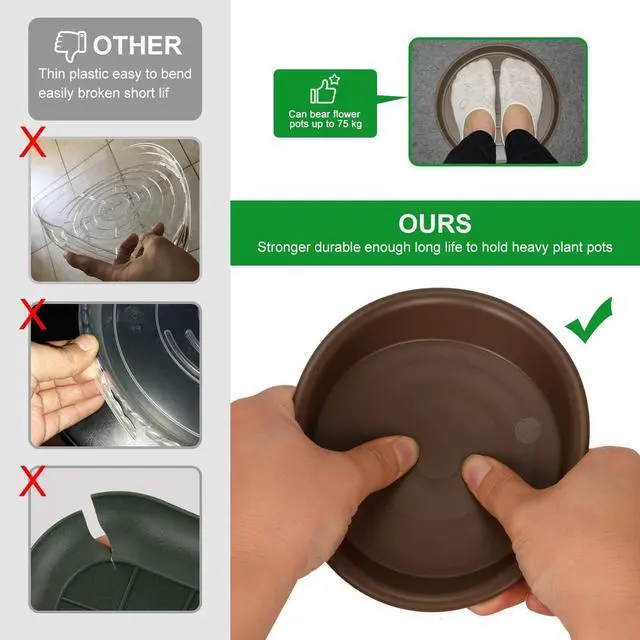 Alt view image 7 of 7 - Plant Saucer 10 inch, Heavy Large Planter Durable Thicker Plastic Plant Trays for Indoors and Outdoor, Plant Saucer Drip Trays,Brown(10" - 3 Pack)